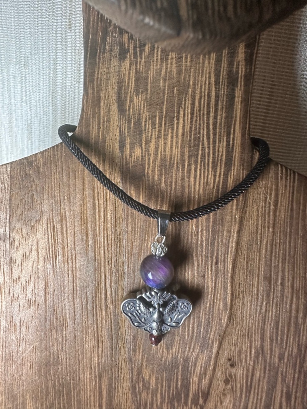 Silver Moth Charm Pendant Necklace with Garnet and Mystic Tiger’s Eye on Rope - Picture 3 of 12